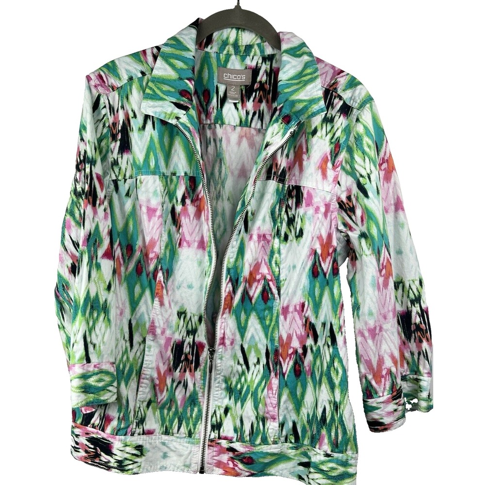 Chicos Women Jacket Large or 2 Green Pink Colorful Full Zipper 3/4 Sleeve Cotton